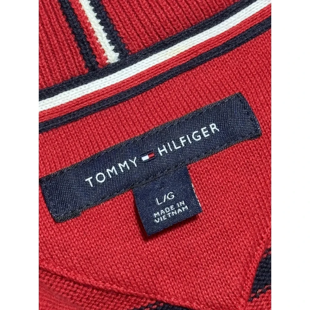 Tommy‎ Hilfiger Sweater Mens Large Red Navy Striped Half Zip Pullover Cotton